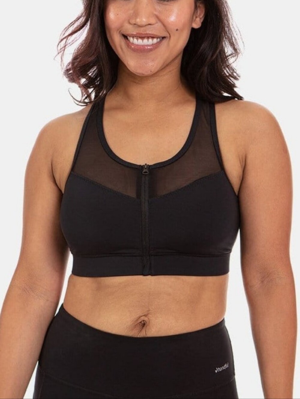 Handful Black Zip Front Mesh Sports Bra
